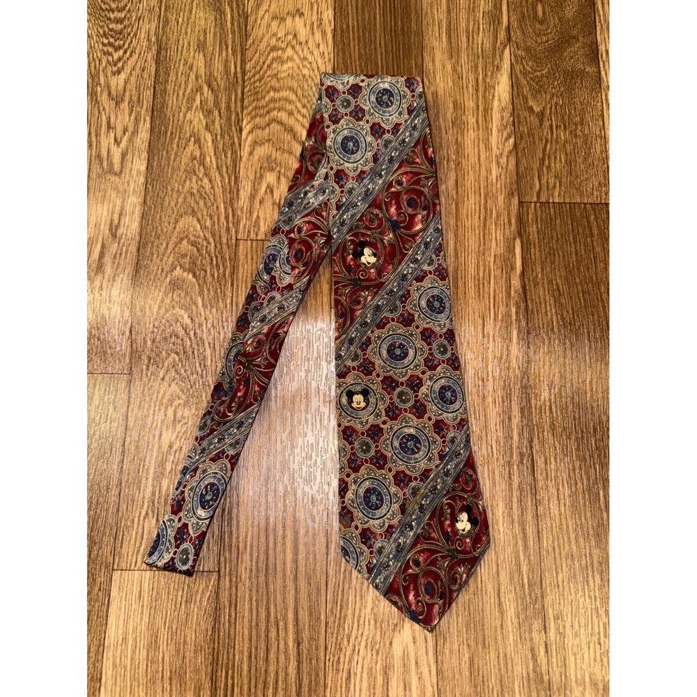 Hidden Mickey Disney Silk Tie Burgundy Paisley Medallion Vintage Mickey Mouse